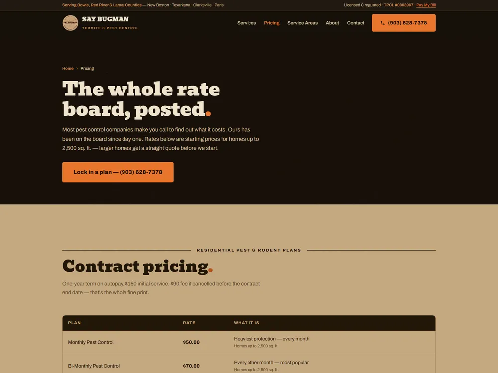 The Say Bugman pricing page: the whole rate board, posted